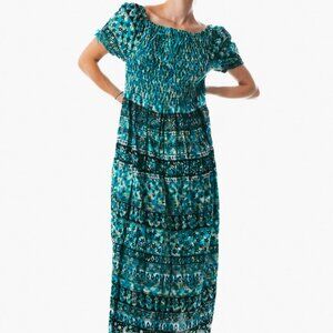 Turqoise peasant maxi dress short sleeve off shoulder boho summer floral tie dye